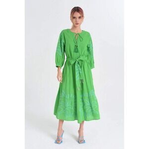 Anthro x Ciebon Long Sleeve Green Embroidered Midi Dress XS Boho Tropical Resort